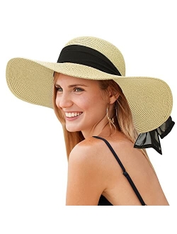 Yetagoo Women's Large Wide Brim Straw Sun Hats, Packable Bowknot Beach Sun Hats UV UPF 50+ Roll up Floopy Hat