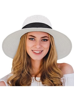 Yetagoo Women's Large Wide Brim Straw Sun Hats, Packable Bowknot Beach Sun Hats UV UPF 50+ Roll up Floopy Hat