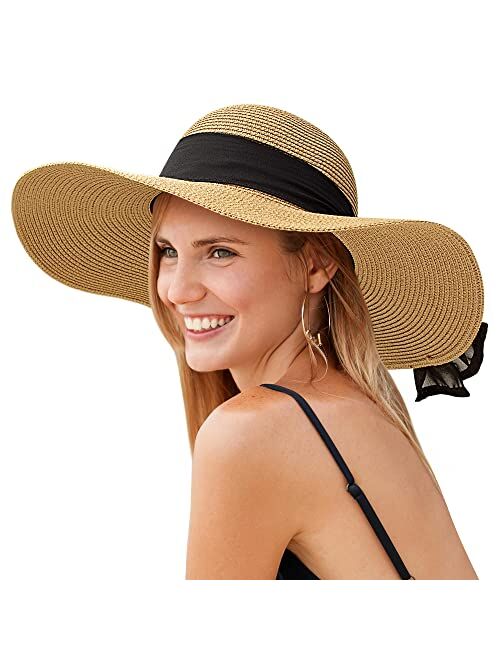 Yetagoo Women's Large Wide Brim Straw Sun Hats, Packable Bowknot Beach Sun Hats UV UPF 50+ Roll up Floopy Hat