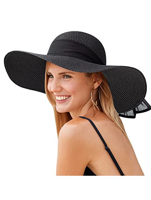 Yetagoo Women's Large Wide Brim Straw Sun Hats, Packable Bowknot Beach Sun Hats UV UPF 50+ Roll up Floopy Hat