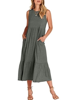 Women's Summer Casual Sleeveless Crewneck Swing Sundress Fit & Flare Flowy Tiered Maxi Dress with Pockets