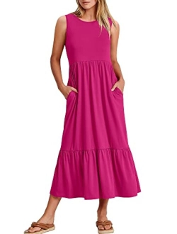 Women's Summer Casual Sleeveless Crewneck Swing Sundress Fit & Flare Flowy Tiered Maxi Dress with Pockets