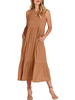 Women's Summer Casual Sleeveless Crewneck Swing Sundress Fit & Flare Flowy Tiered Maxi Dress with Pockets