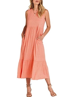 Women's Summer Casual Sleeveless Crewneck Swing Sundress Fit & Flare Flowy Tiered Maxi Dress with Pockets