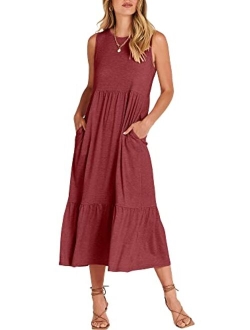 Women's Summer Casual Sleeveless Crewneck Swing Sundress Fit & Flare Flowy Tiered Maxi Dress with Pockets