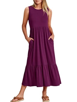 Women's Summer Casual Sleeveless Crewneck Swing Sundress Fit & Flare Flowy Tiered Maxi Dress with Pockets