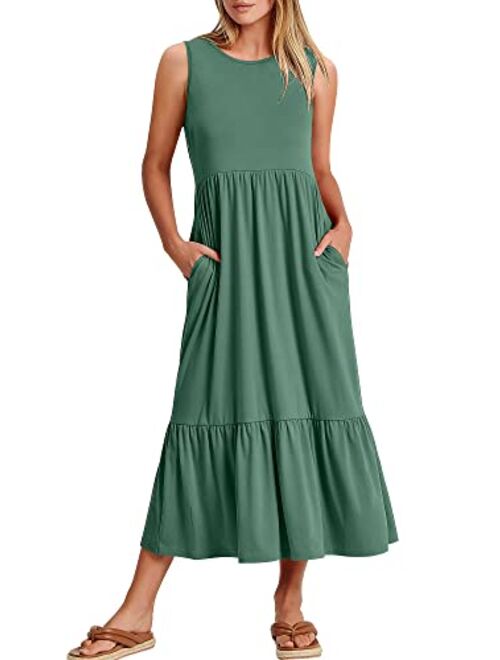 ANRABESS Women's Summer Casual Sleeveless Crewneck Swing Sundress Fit & Flare Flowy Tiered Maxi Dress with Pockets