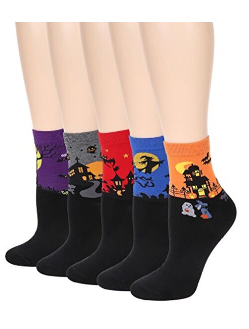 Leotruny Women's Halloween Colorful Cotton Socks 5-pack