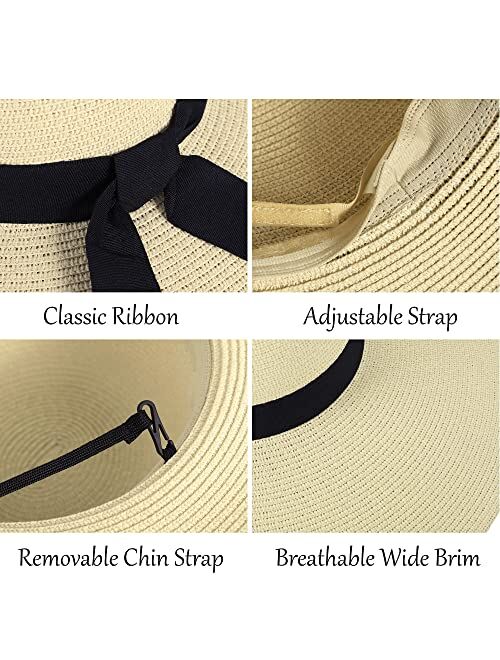 Verabella Sun Hats for Women UV Protection Wide Brim UPF 50 Foldable Floppy Straw Beach Hat with Strap