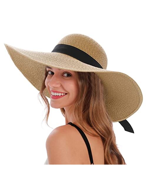 Verabella Sun Hats for Women UV Protection Wide Brim UPF 50 Foldable Floppy Straw Beach Hat with Strap