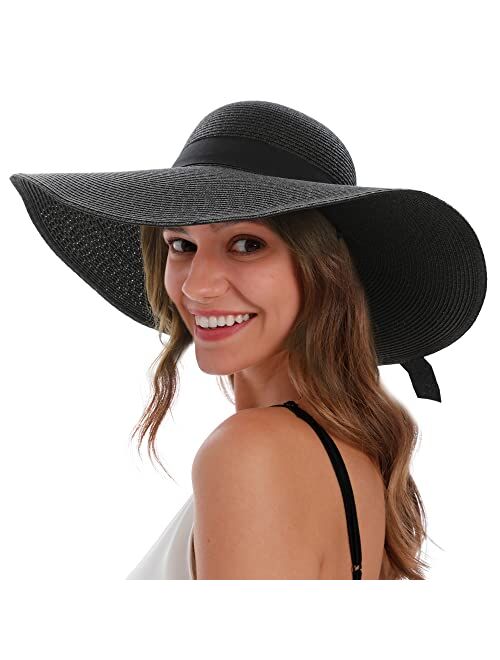 Verabella Sun Hats for Women UV Protection Wide Brim UPF 50 Foldable Floppy Straw Beach Hat with Strap