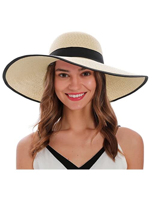 Verabella Sun Hats for Women UV Protection Wide Brim UPF 50 Foldable Floppy Straw Beach Hat with Strap