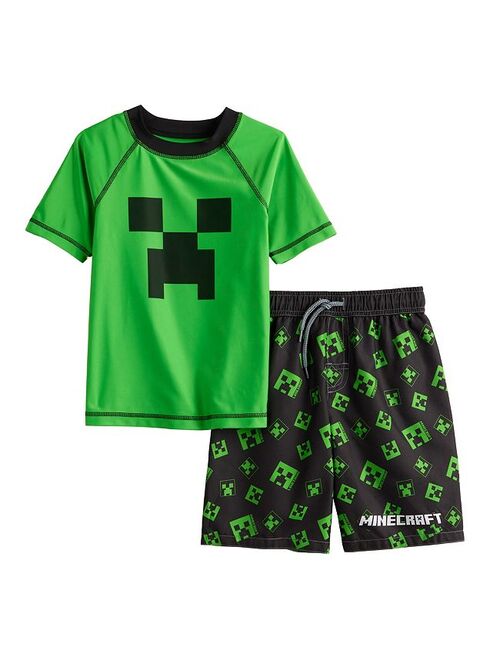 licensed character Boys 4-14 Minecraft Rashguard & Swim Trunks Set