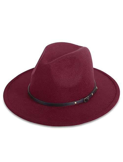 Verabella Women's Classic Wide Brim Fedora Hat Felt Panama Hat with Belt Buckle