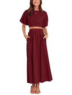 Teurkia Womens Puff Short Sleeves Tops and Long Pleated Skirts Set 2 Pieces Flowy Outfit Suits