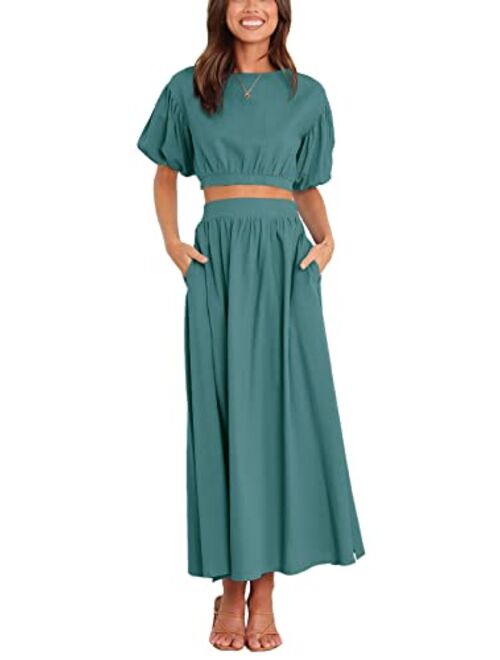 Teurkia Womens Puff Short Sleeves Tops and Long Pleated Skirts Set 2 Pieces Flowy Outfit Suits