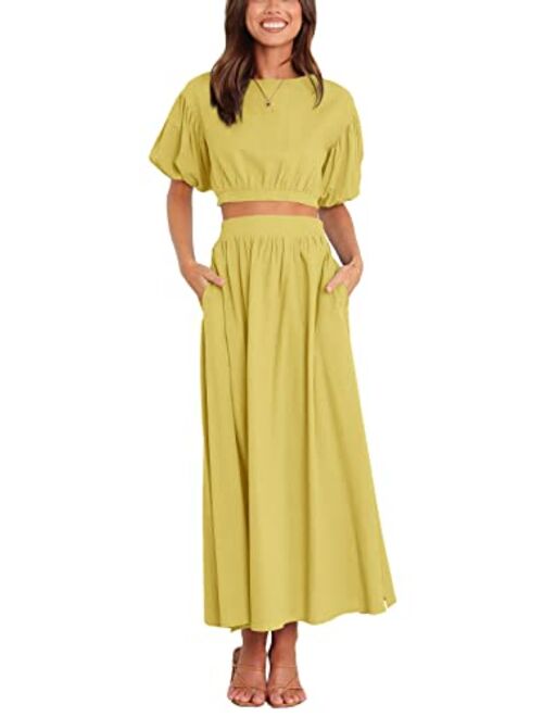 Teurkia Womens Puff Short Sleeves Tops and Long Pleated Skirts Set 2 Pieces Flowy Outfit Suits