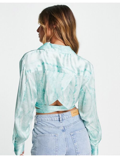 Topshop tie dye twist front satin blouse in green