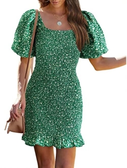 Women's 2023 Summer Floral Puff Sleeve Mini Dress Square Neck Ruffle Hem Bodycon Dresses Smocked Dress Women