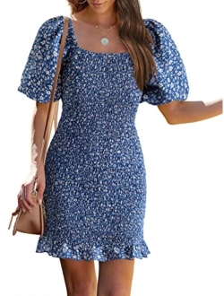 Women's 2023 Summer Floral Puff Sleeve Mini Dress Square Neck Ruffle Hem Bodycon Dresses Smocked Dress Women