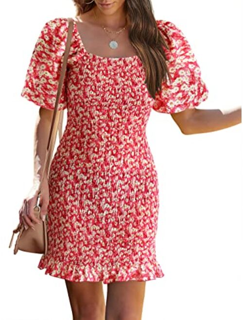 PRETTYGARDEN Women's 2023 Summer Floral Puff Sleeve Mini Dress Square Neck Ruffle Hem Bodycon Dresses Smocked Dress Women