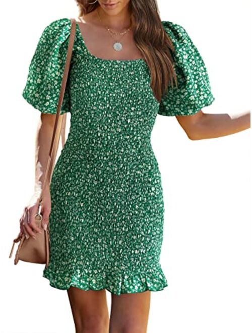 PRETTYGARDEN Women's 2023 Summer Floral Puff Sleeve Mini Dress Square Neck Ruffle Hem Bodycon Dresses Smocked Dress Women