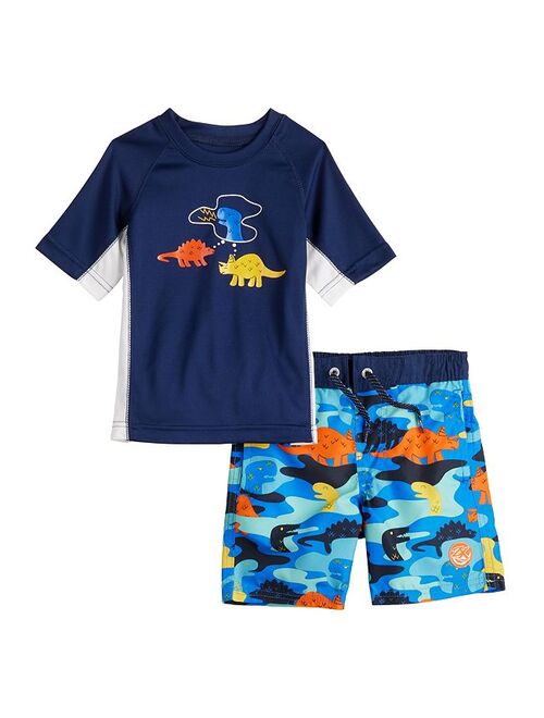 Toddler Boy ZeroXposur Camo Dinosaurs Rash Guard Top & Swim Trunks Set