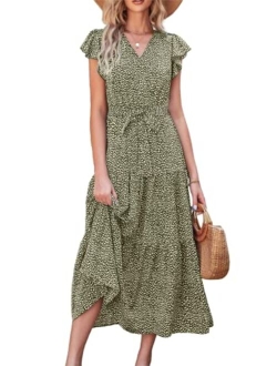 Women's Boho Floral Summer Dress Wrap V Neck Ruffle Short Sleeve A Line Belted Flowy Tiered Maxi Dress