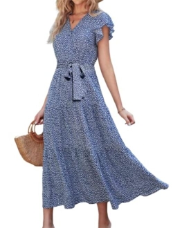 Women's Boho Floral Summer Dress Wrap V Neck Ruffle Short Sleeve A Line Belted Flowy Tiered Maxi Dress