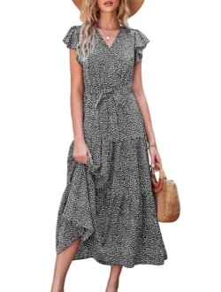 Women's Boho Floral Summer Dress Wrap V Neck Ruffle Short Sleeve A Line Belted Flowy Tiered Maxi Dress