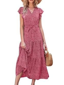 Women's Boho Floral Summer Dress Wrap V Neck Ruffle Short Sleeve A Line Belted Flowy Tiered Maxi Dress