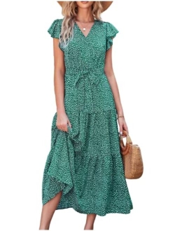 Women's Boho Floral Summer Dress Wrap V Neck Ruffle Short Sleeve A Line Belted Flowy Tiered Maxi Dress