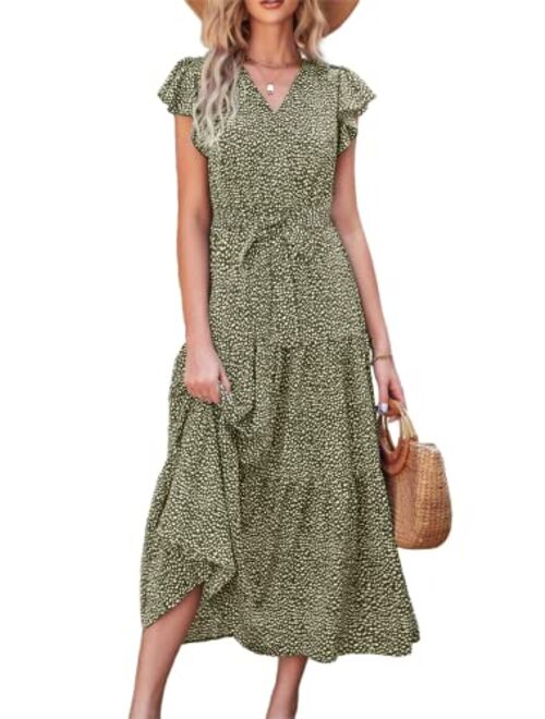 PRETTYGARDEN Women's Boho Floral Summer Dress Wrap V Neck Ruffle Short Sleeve A Line Belted Flowy Tiered Maxi Dress