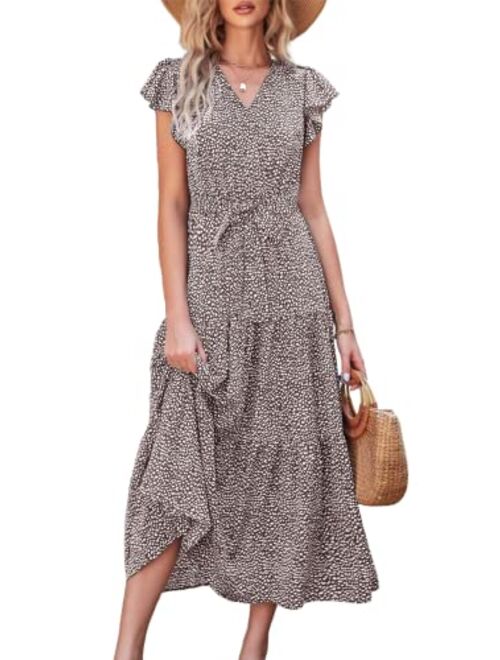 PRETTYGARDEN Women's Boho Floral Summer Dress Wrap V Neck Ruffle Short Sleeve A Line Belted Flowy Tiered Maxi Dress