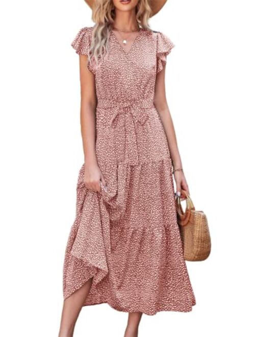 PRETTYGARDEN Women's Boho Floral Summer Dress Wrap V Neck Ruffle Short Sleeve A Line Belted Flowy Tiered Maxi Dress