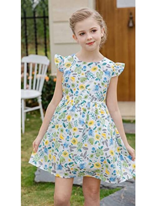 SMILING PINKER Little Girls Summer Dress Cotton Ruffle Sleeve Floral Printed Party Dress