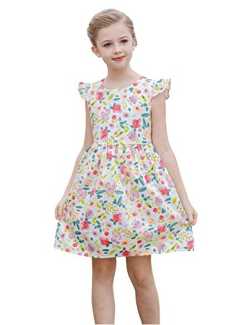 SMILING PINKER Little Girls Summer Dress Cotton Ruffle Sleeve Floral Printed Party Dress