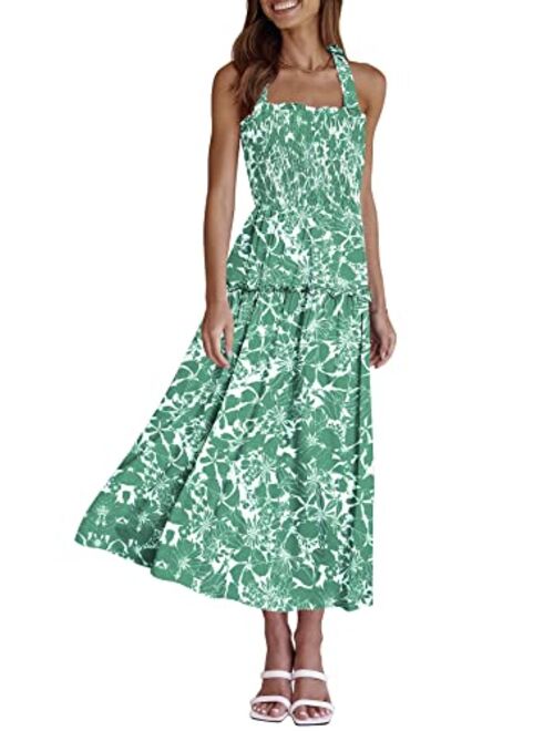 PRETTYGARDEN Women's 2023 Summer Maxi Dress Halter Neck Backless Ruffle Smocked Casual Long Flowy Boho Dresses