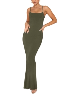 Women's Sexy Lounge Slip Long Dress Elegant Sleeveless Backless Ribbed Bodycon Maxi Dresses