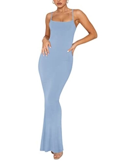 Women's Sexy Lounge Slip Long Dress Elegant Sleeveless Backless Ribbed Bodycon Maxi Dresses