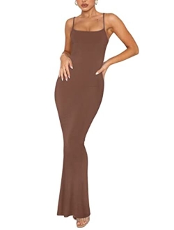 Women's Sexy Lounge Slip Long Dress Elegant Sleeveless Backless Ribbed Bodycon Maxi Dresses