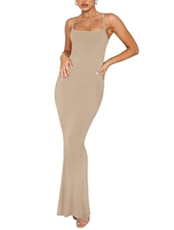 Women's Sexy Lounge Slip Long Dress Elegant Sleeveless Backless Ribbed Bodycon Maxi Dresses