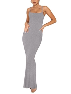 Women's Sexy Lounge Slip Long Dress Elegant Sleeveless Backless Ribbed Bodycon Maxi Dresses
