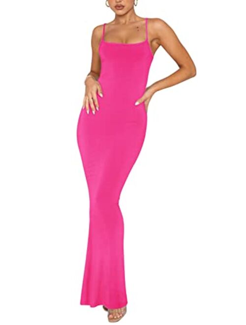 REORIA Women's Sexy Lounge Slip Long Dress Elegant Sleeveless Backless Ribbed Bodycon Maxi Dresses