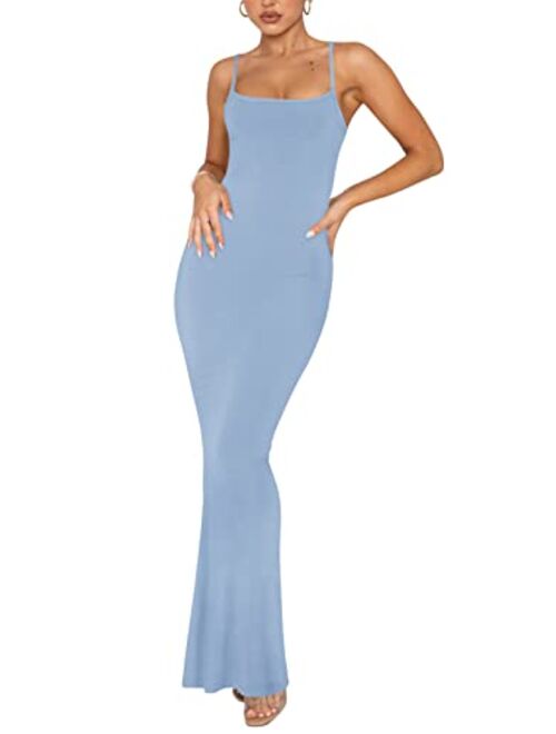 REORIA Women's Sexy Lounge Slip Long Dress Elegant Sleeveless Backless Ribbed Bodycon Maxi Dresses