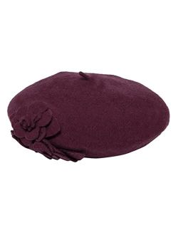 Women's Wool Beret Hat with Self Flowers