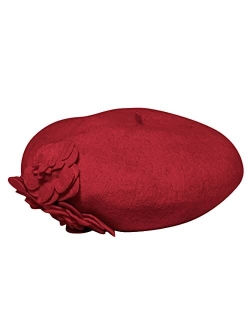 Women's Wool Beret Hat with Self Flowers