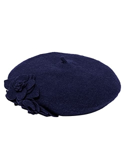 Women's Wool Beret Hat with Self Flowers