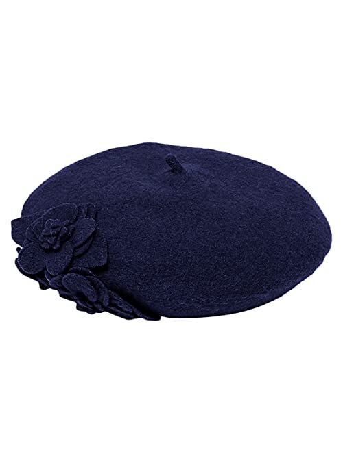 San Diego Hat Co. San Diego Hat Company Women's Wool Beret Hat with Self Flowers