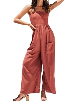 Summer Women Slip Ruching Smocked Jumpsuit Pants Square Neck Speghetti Straps Loose Waisted Maxi